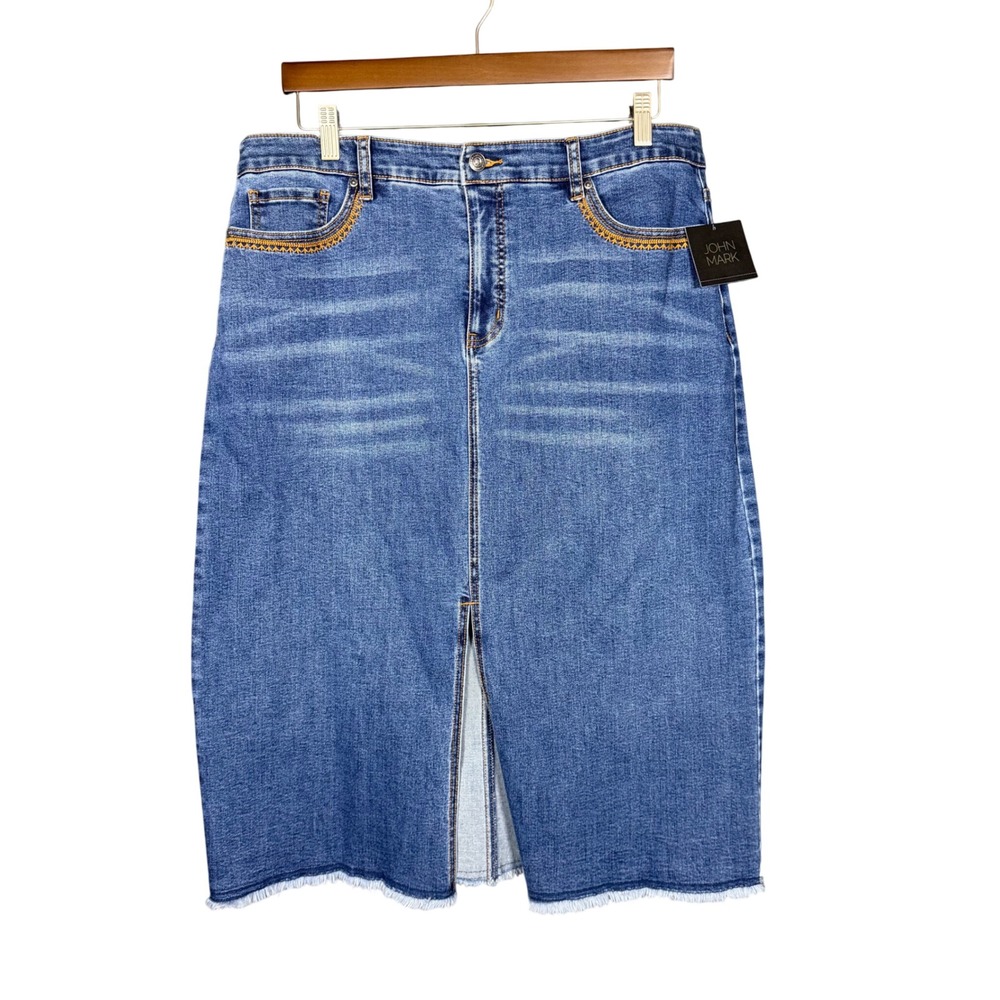 NWT John Mark Embroidered Front Slit Midi Denim Skirt 14 Petite Capsule Wardrobe